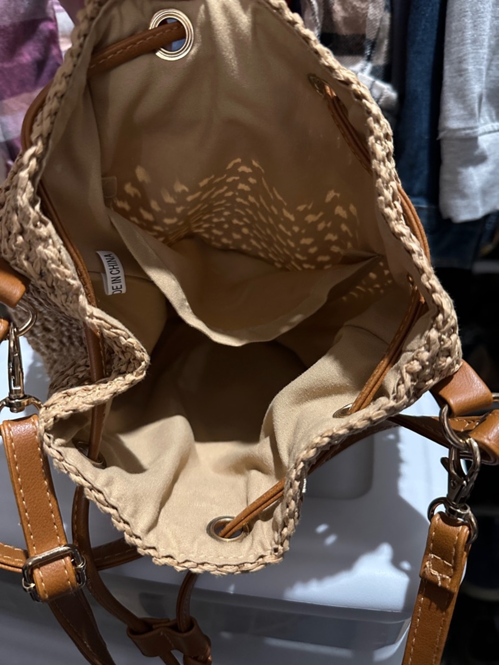 Woven Crochet Drawstring Shoulder Bag in Tan - Picture 5 of 6